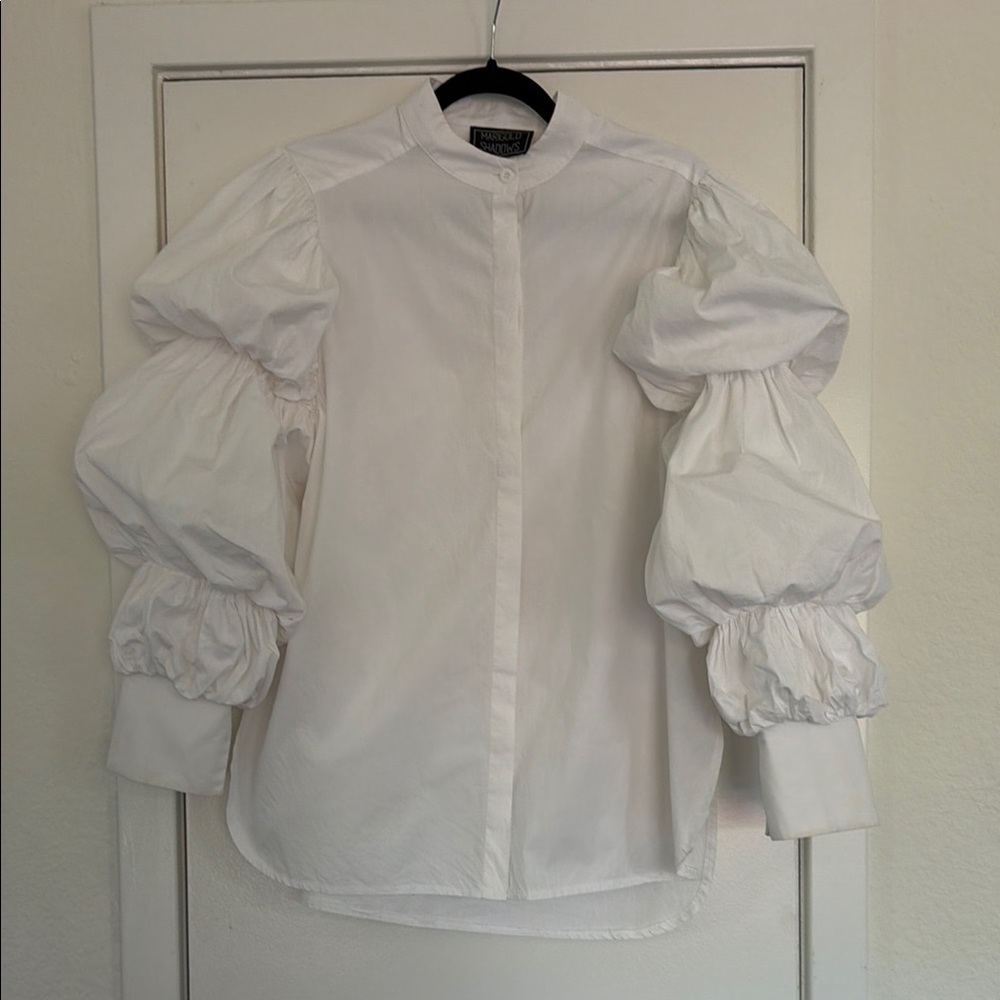 Marigold Shadows White Puff Sleeve Button-Up Blouse